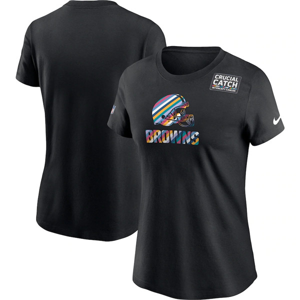 Women's Cleveland Browns 2020 Black Sideline Crucial Catch Performance NFL T-Shirt(Run Small)